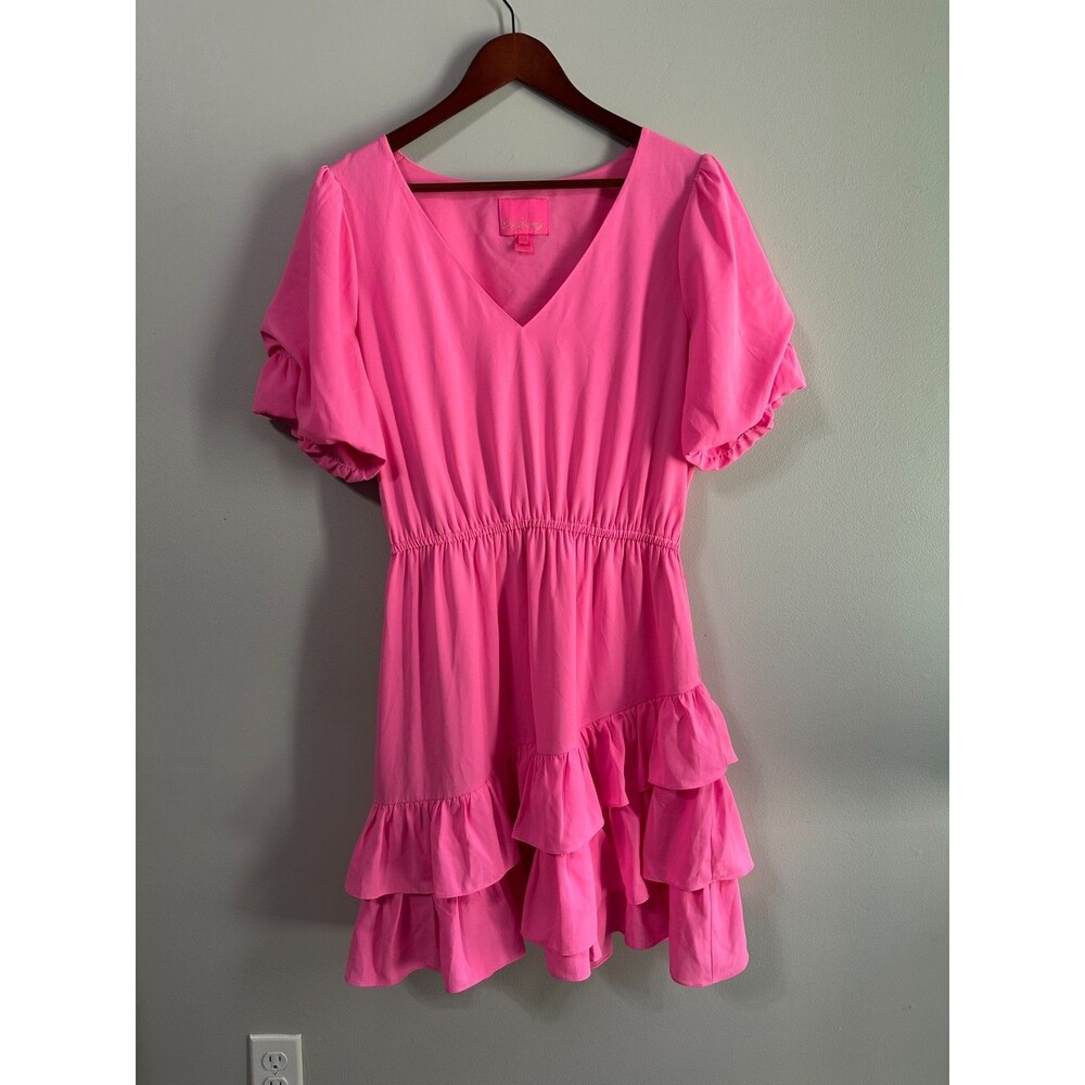 Lilly Pulitzer Martha Stretch Ruffle Dress Size 14 Hot Pink Short Sleeve V-Neck